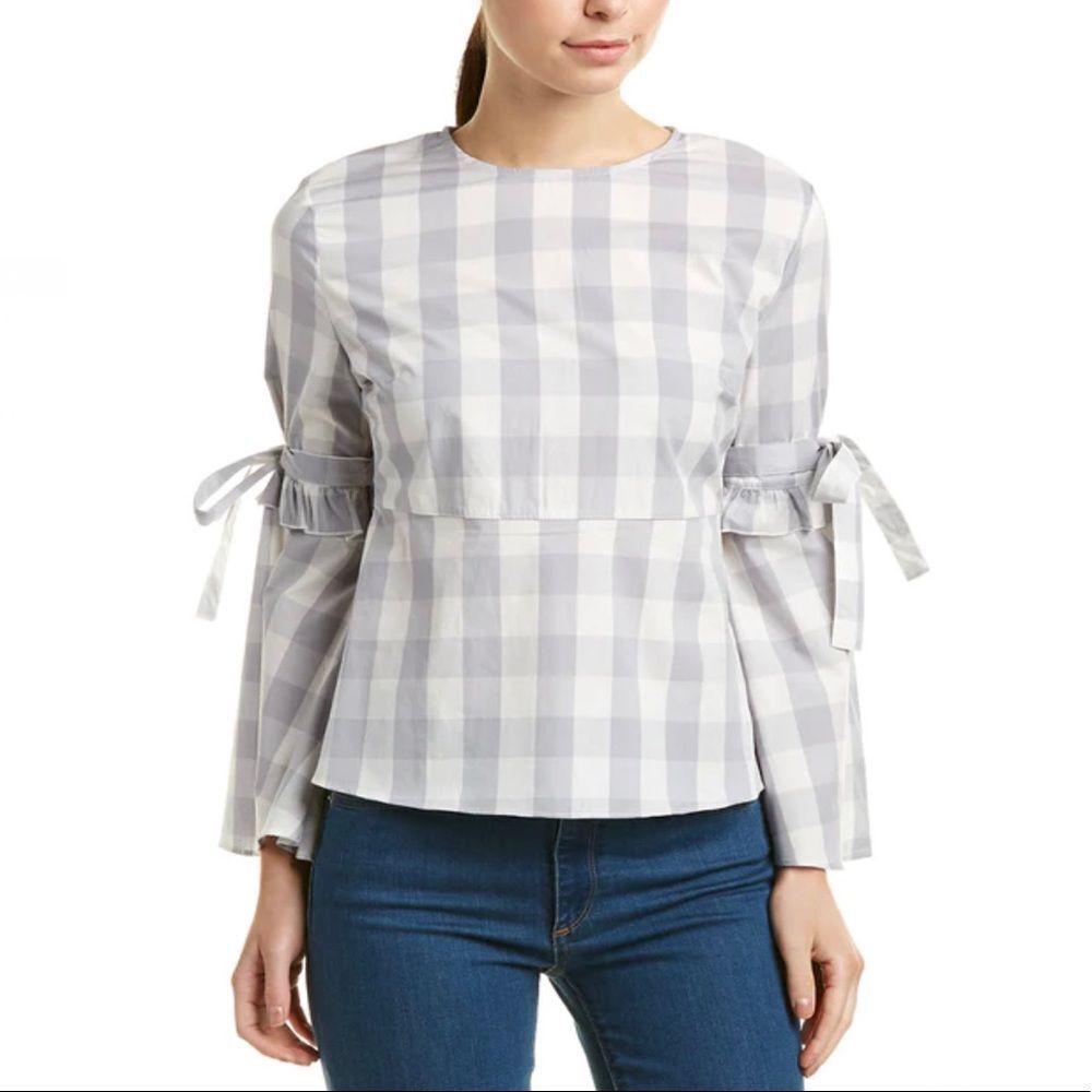 Walter Baker Lauren Top Grey Gingham Trumpet Sleeve NWT S